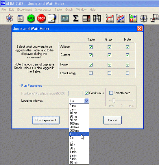 Joule & Watt Meter setup screen